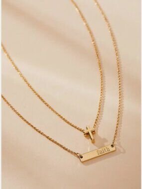 Tiny Tags 14K Gold Ion Plated Faith Bar and Cross Chain Necklace Set 2pc - Gold